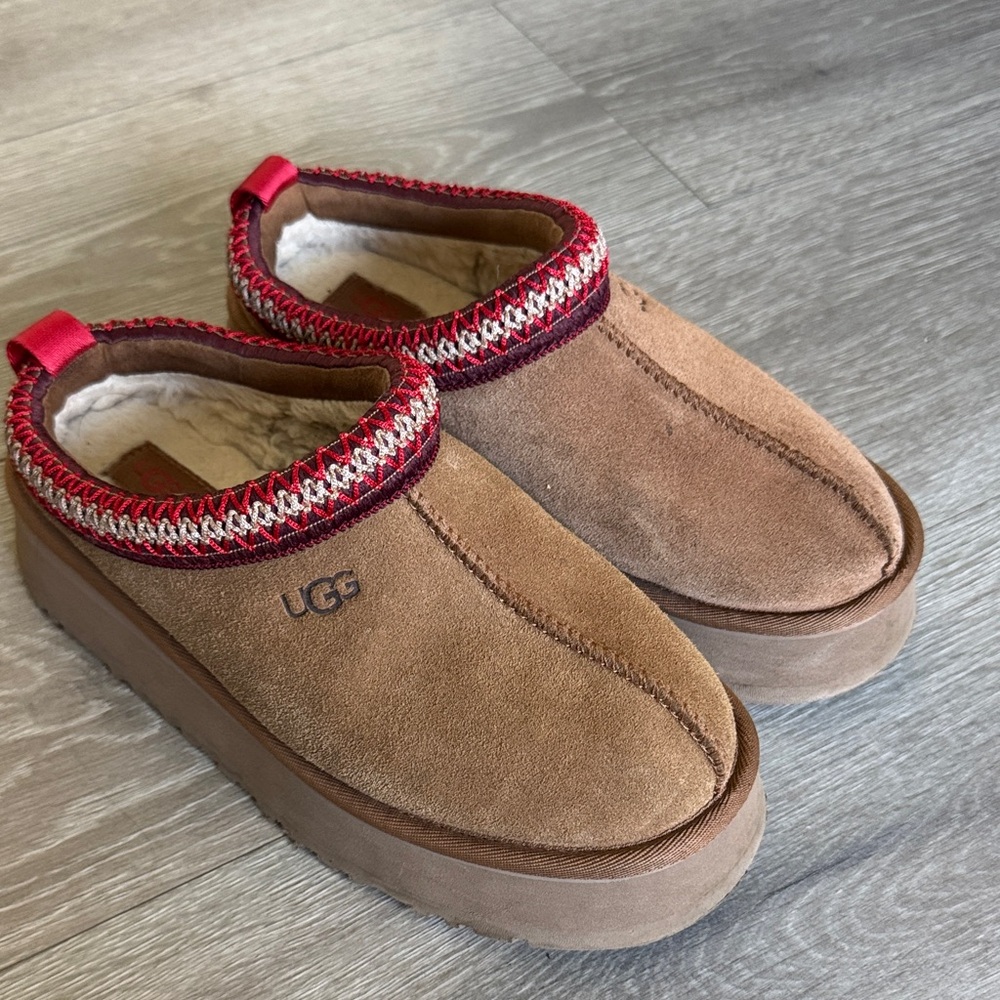 UGG Tan Suede Slip-Ons with Red Accents